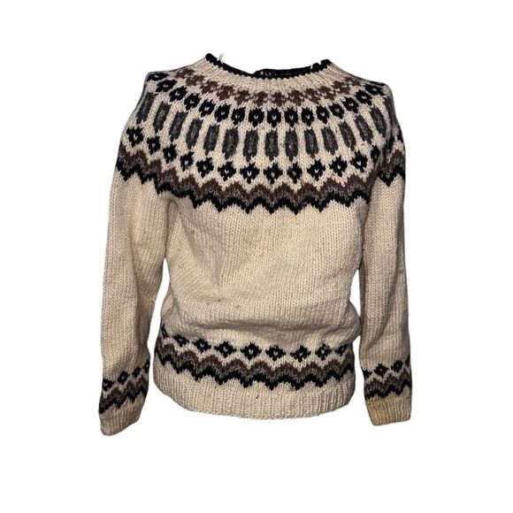 Vintage 1960s Womens Hand Knitted in Norway Fair Isle Wool Brown Tan Cardigan M - Picture 7 of 9